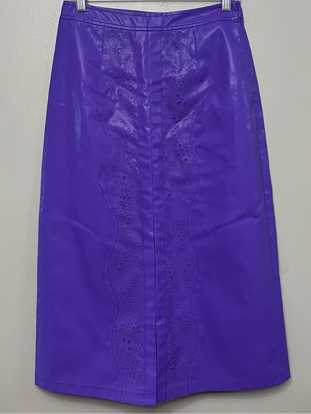 Nikasha Faux Leather Embellished Lattice Laser Cut Midi Skirt Small Quiet Luxury